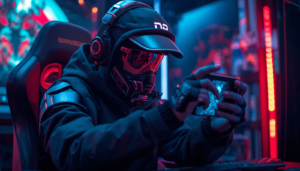 Futuristic mobile gamer playing an offline FPS Android game
