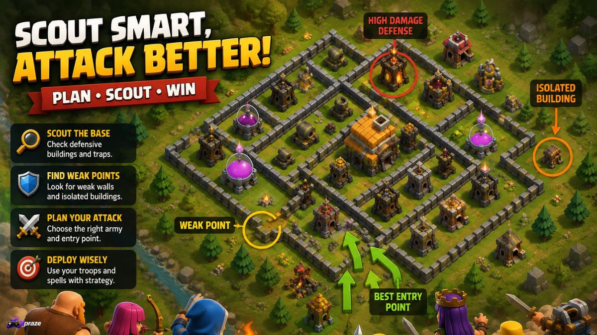 Clash of Clans scouting strategy showing enemy base weak points and attack entry points 