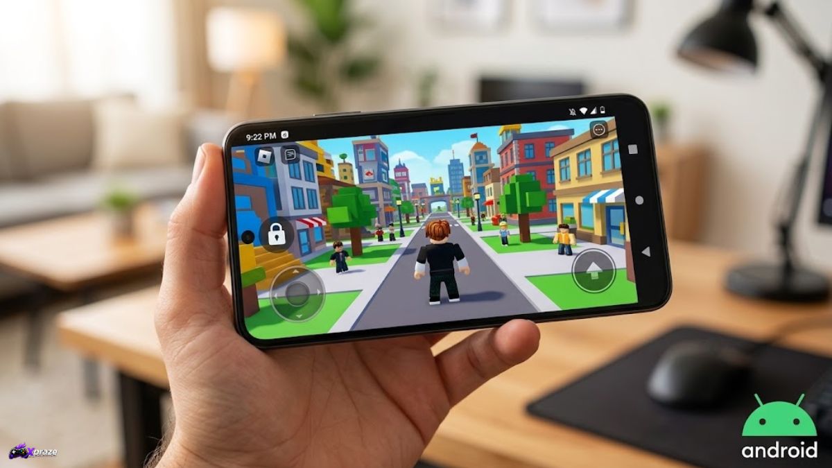 Hands holding a smartphone playing Roblox mobile gameplay on Android