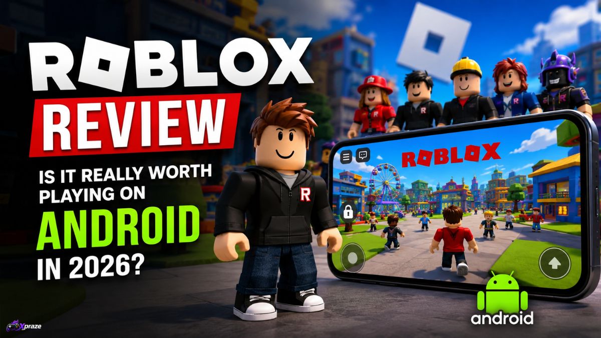 Roblox review banner showing 3D character avatars standing next to a smartphone running Roblox gameplay on Android.