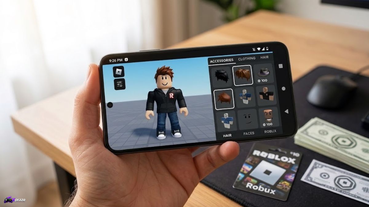 Roblox avatar editing screen on a mobile phone displaying different hairstyles, accessories, and Robux prices.