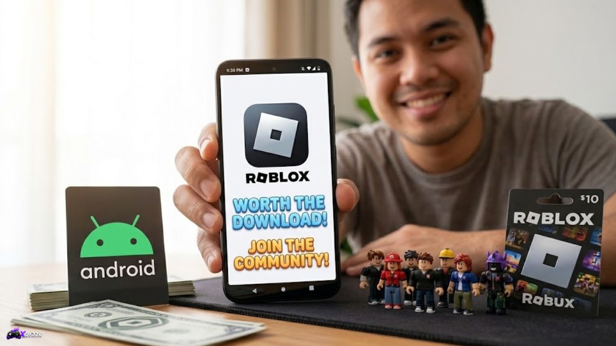 A happy gamer holding a smartphone displaying the Roblox logo and community invitation.