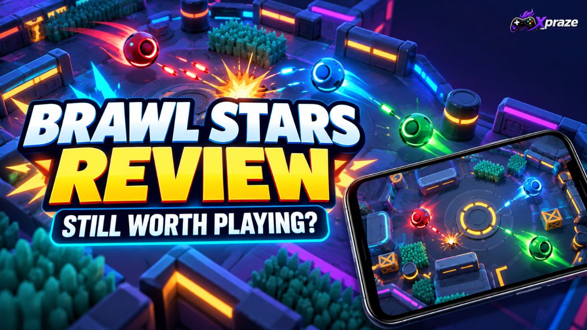 Brawl Stars Review showing a colourful mobile arena battle on Android