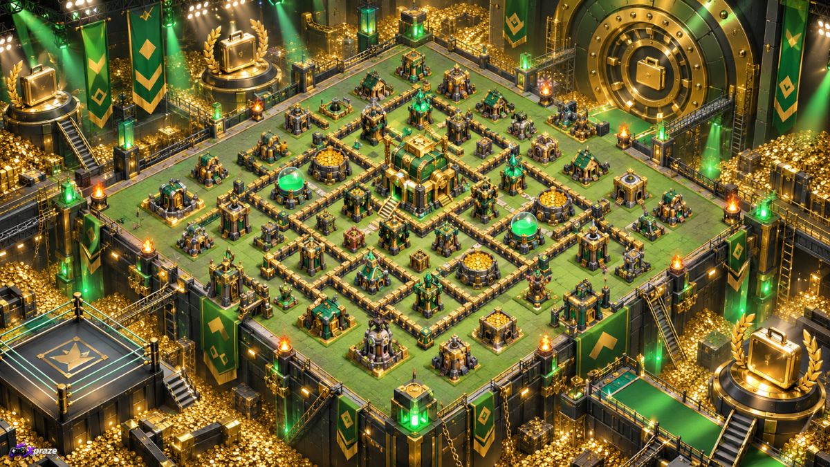 Green and gold fantasy strategy village inside a wrestling-themed treasure vault