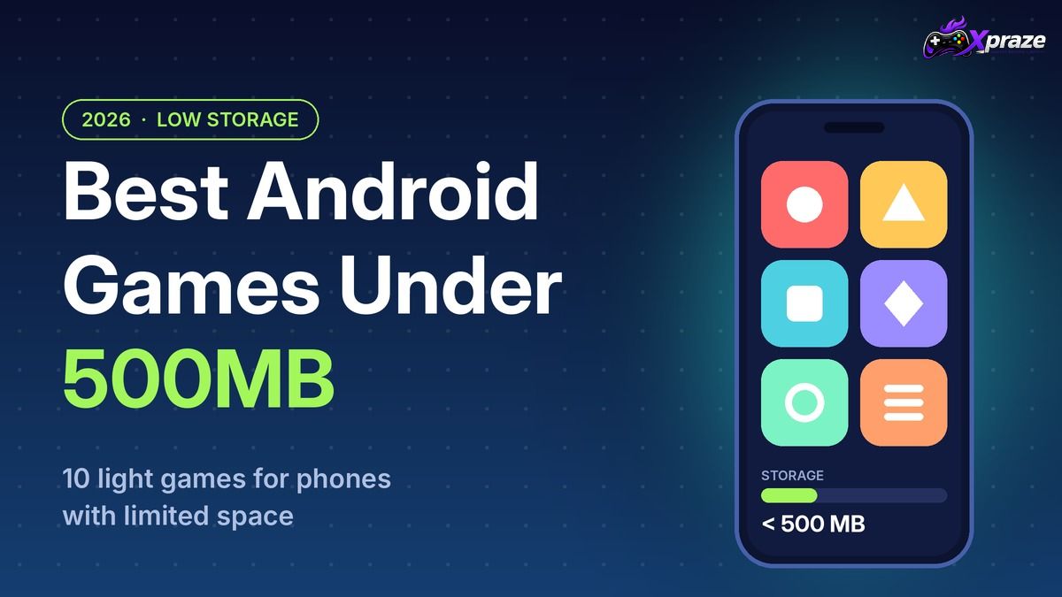 Android games under 500MB shown on a phone with a low storage bar