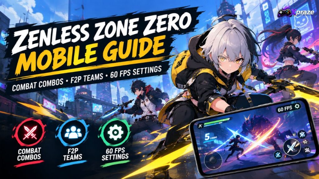 Alt Text: Zenless Zone Zero Mobile Guide with combat combos, F2P teams and 60 FPS settings